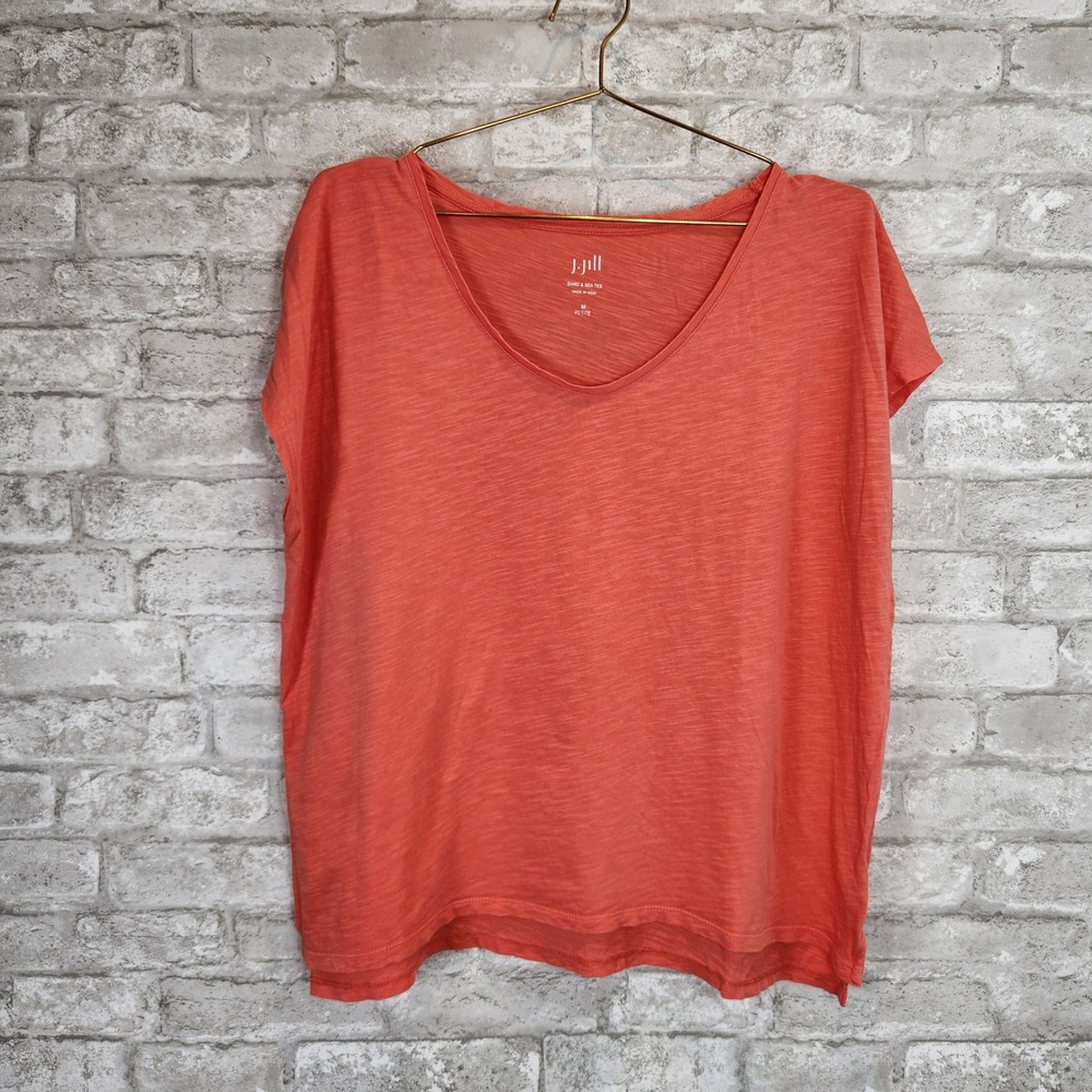 J. Jill Tee Coral Orange Cotton Slub Knit‎ Casual V-Neck Top Size Medium Petite